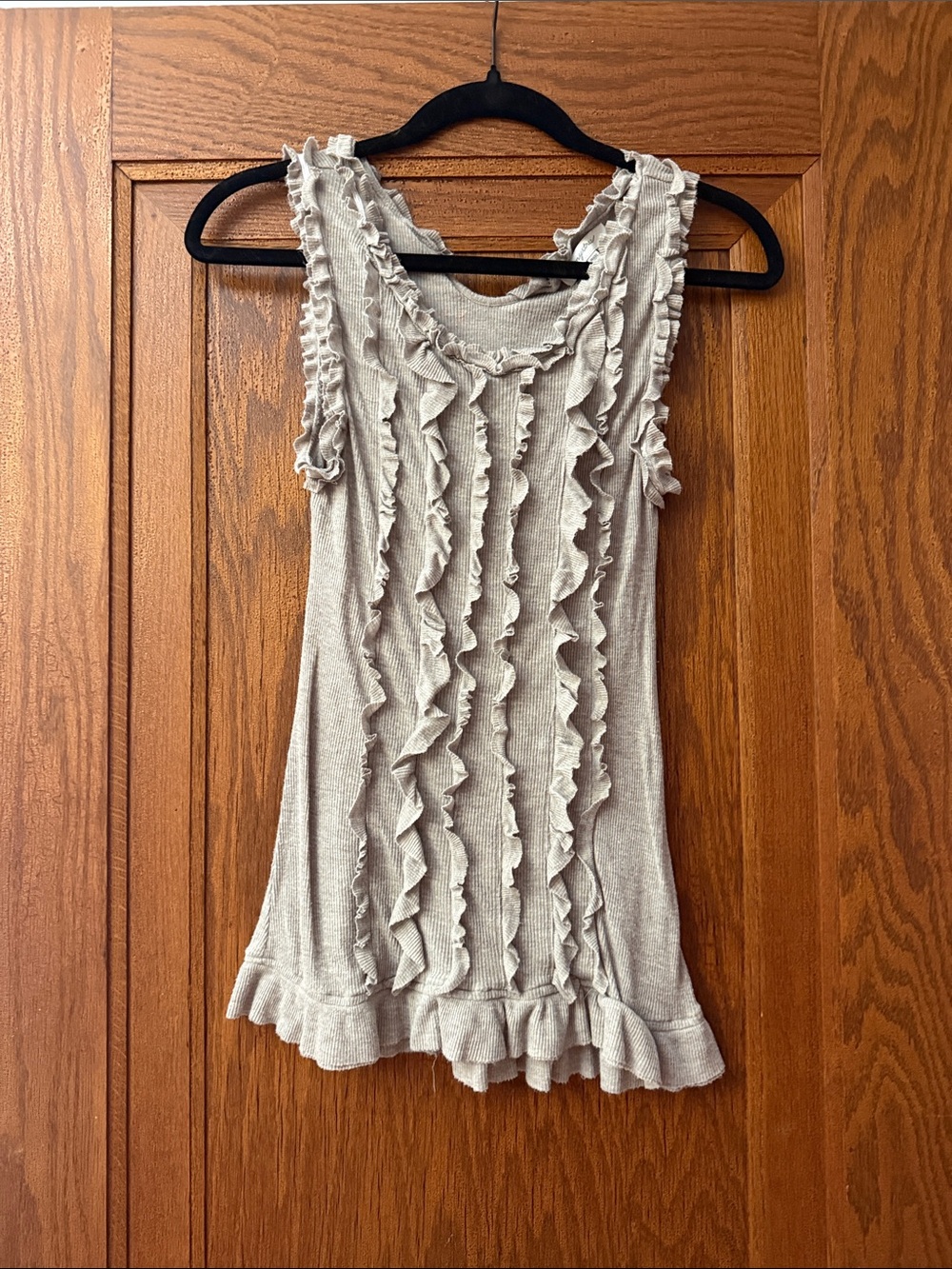 Mystree Ruffle Front Tank Top in Light Beige/grey